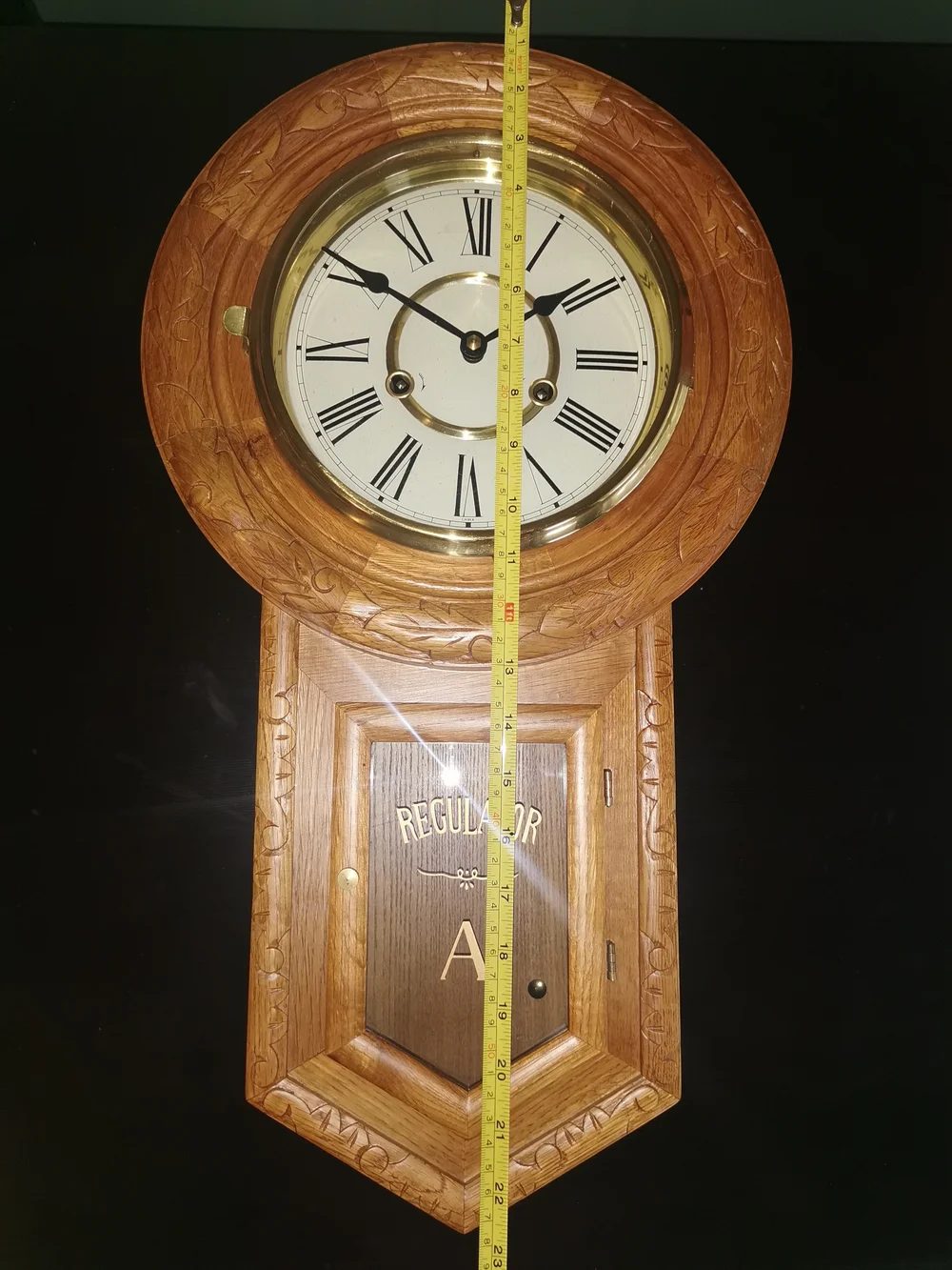 Vintage Oak Regulator A Wall Clock Engraved W/Keys & Pendulum Works